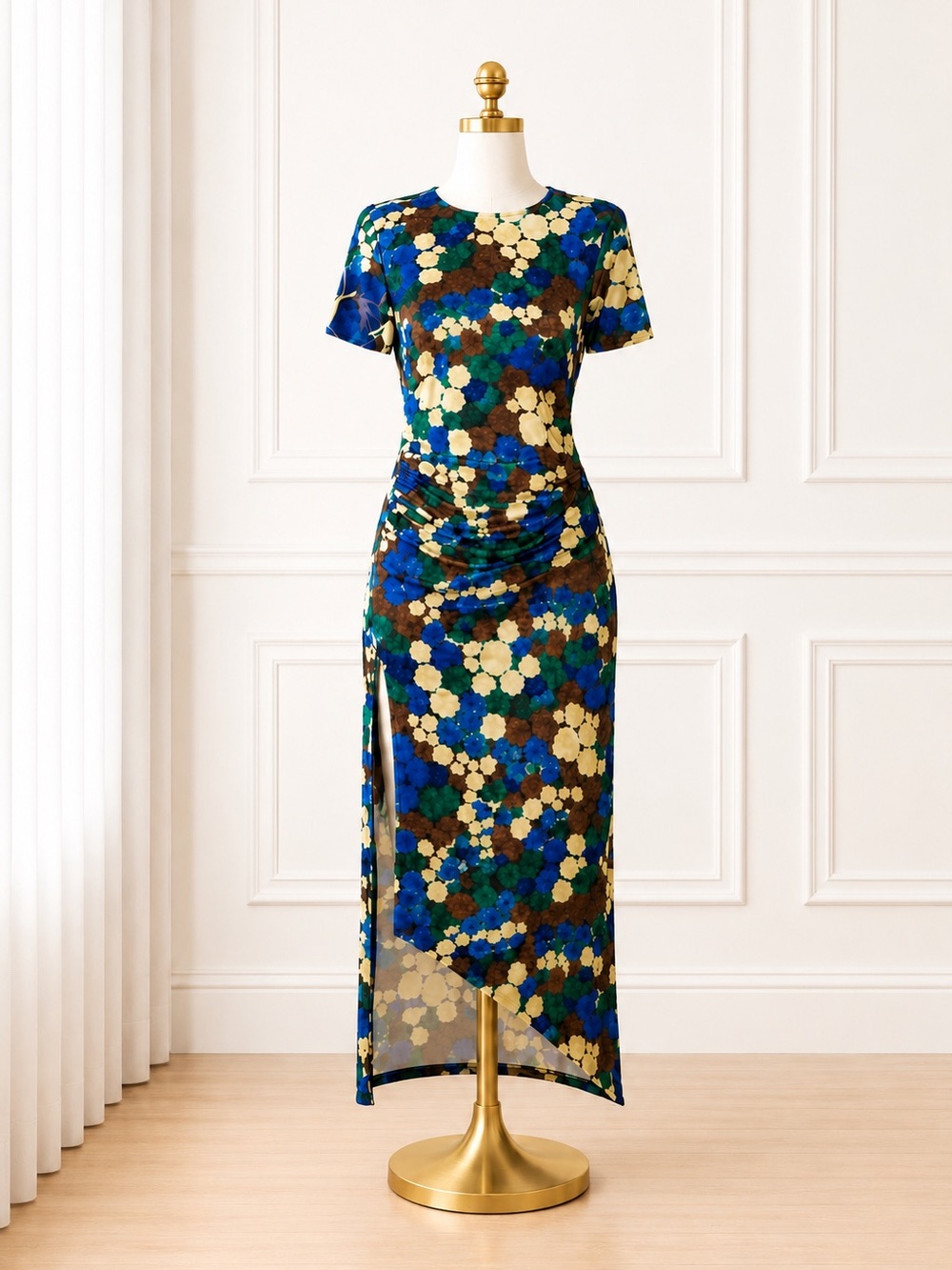 ANIM Floral Mesh Midi Dress Blue Green Ruched Side Slit Size M NWT